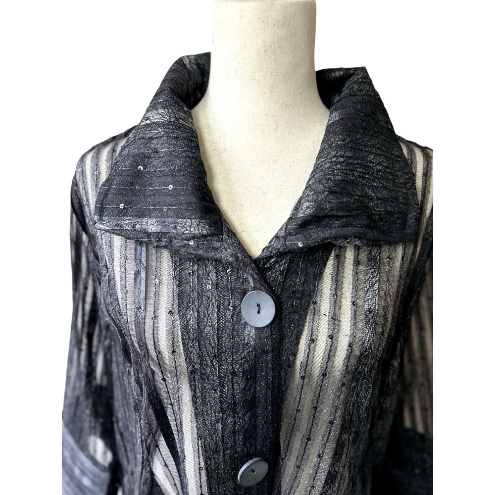 DAMEE Inc. Black Sheer Sequined Striped Jacket Art To Wear Wired Collar Large